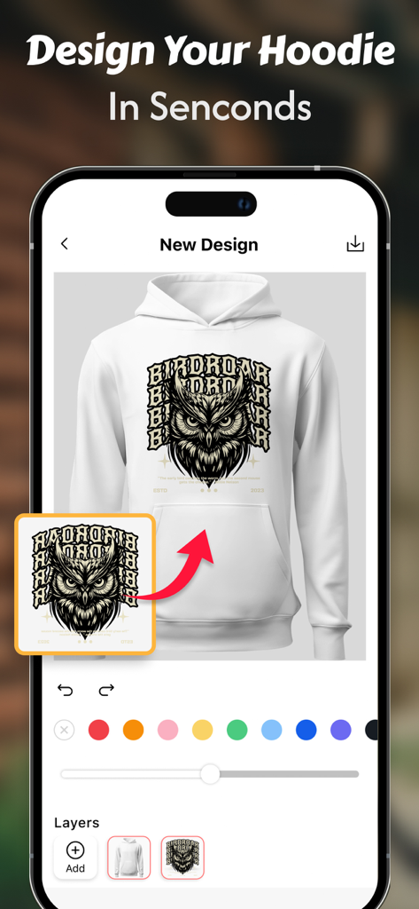 Interface of a mobile app for designing custom hoodies with graphics and colors.
