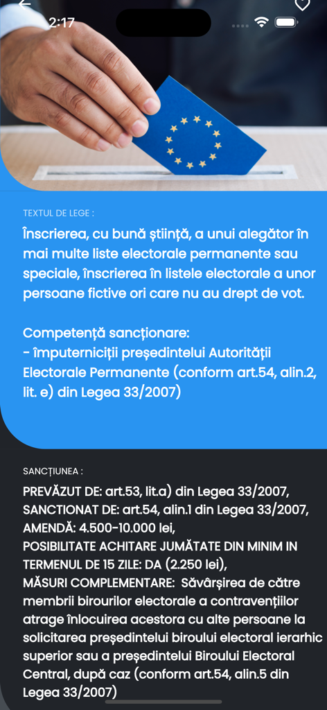 Amenzi Alegeri - Interfaz de la aplicación Multas Electorales mostrando sanciones de la ley electoral rumana y detalles de multas