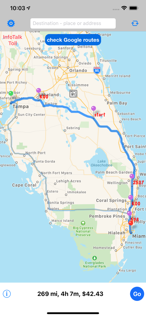 Karte zeigt Reiseroute mit Mautpreisen und Gesamtreisekosten in Florida