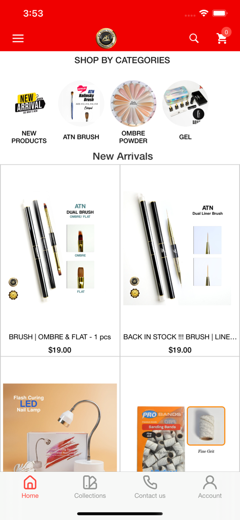 ATN Nail Supply - ATN Nail Supply mobile app home screen displaying product categories and new arrivals for professional nail technicians