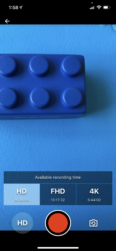 Panopto - Interface d'enregistrement de l'application mobile Panopto présentant le temps d'enregistrement disponible pour les résolutions HD, FHD et 4K