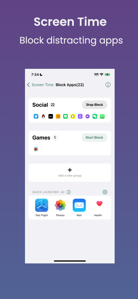 OmniLock - OmniLock mobile app screen showing options to block social and gaming apps for productivity