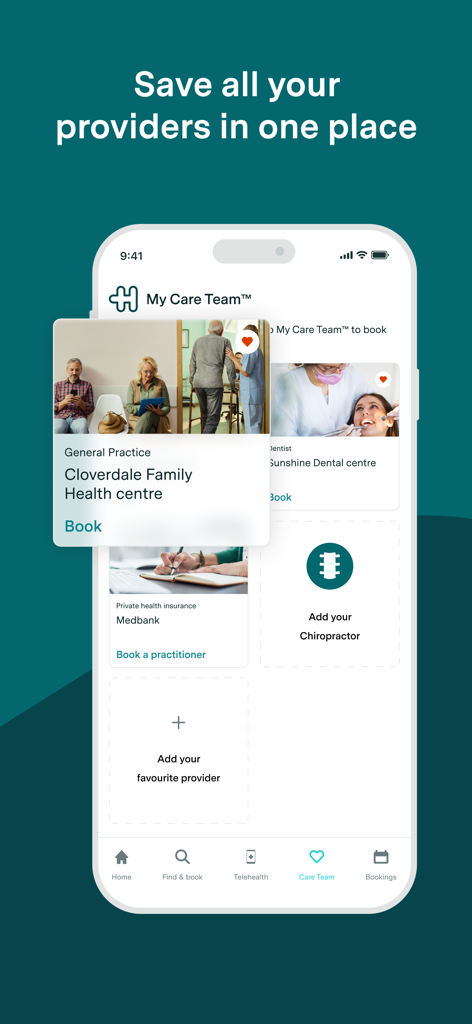 Healthengine - Healthengine app interface showing the My Care Team section for managing healthcare providers and family bookings