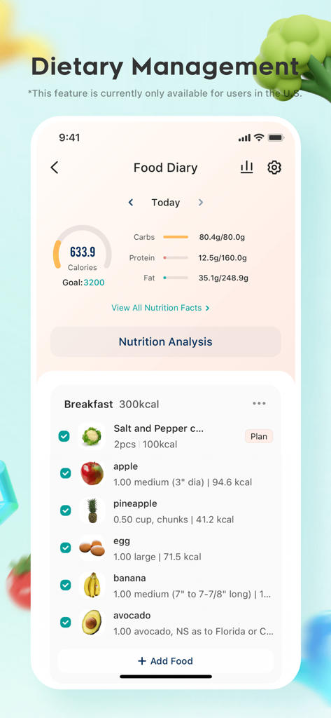Diario de alimentos de la aplicación VeSync que muestra la ingesta calórica diaria y el seguimiento nutricional