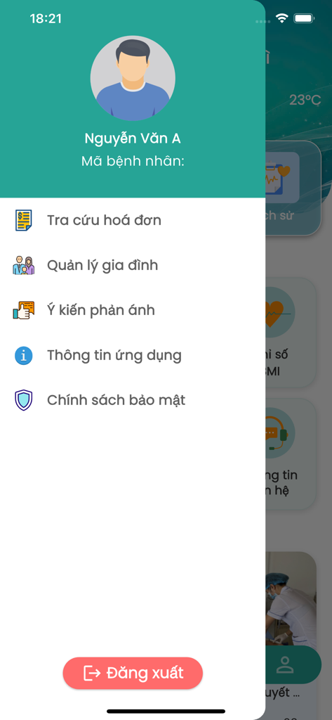 Bệnh viện Đa Khoa Ba Vì - User profile drawer in the Ba Vi General Hospital app showing account settings and family management options in Vietnamese.