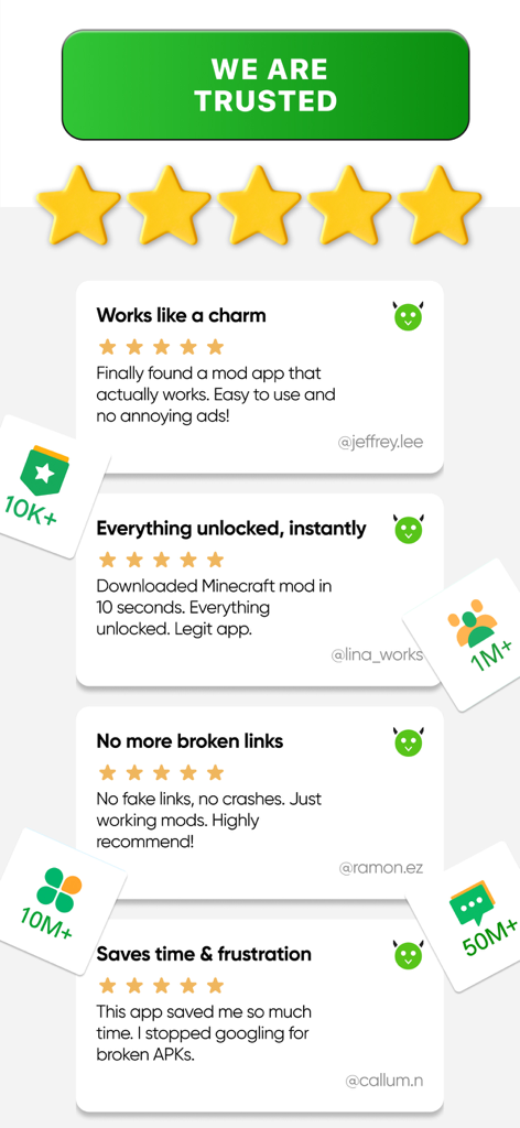 A collection of positive user reviews and testimonials for the Happi Mod app highlighting its reliability and working game mods.