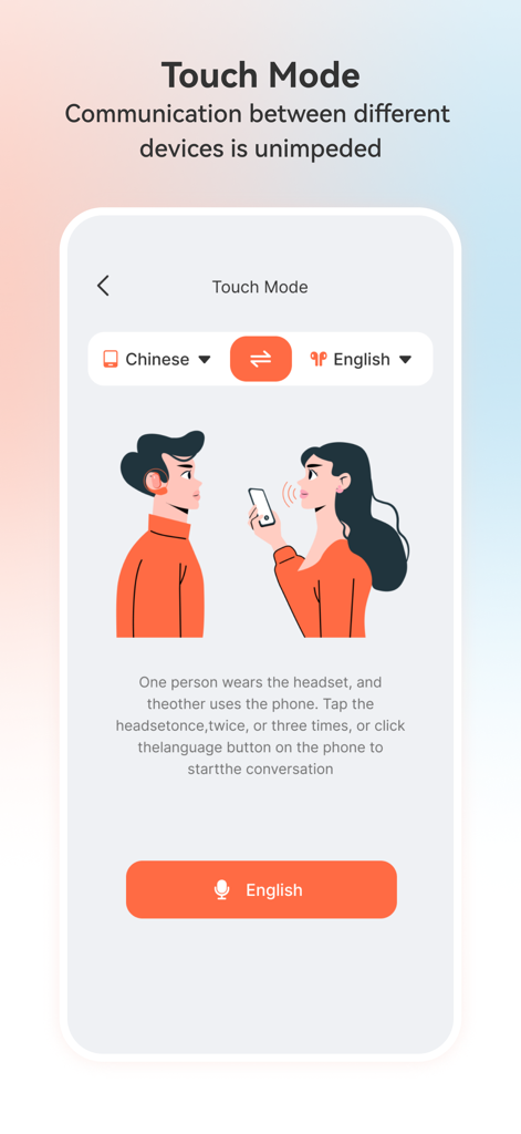 TransKit - Interface of TransKit app demonstrating Touch Mode for translating conversations between a headset wearer and a phone user.