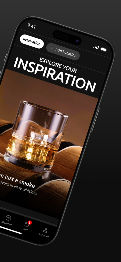 Heinemann - Pantalla de la aplicación Heinemann que muestra inspiración de estilo de vida de lujo con un vaso de whisky