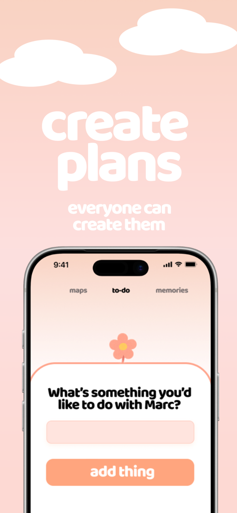 brochi: couple bucket list - Una pantalla de smartphone que muestra la interfaz de la aplicación Brochi para crear un plan de lista de deseos compartida con una pareja.