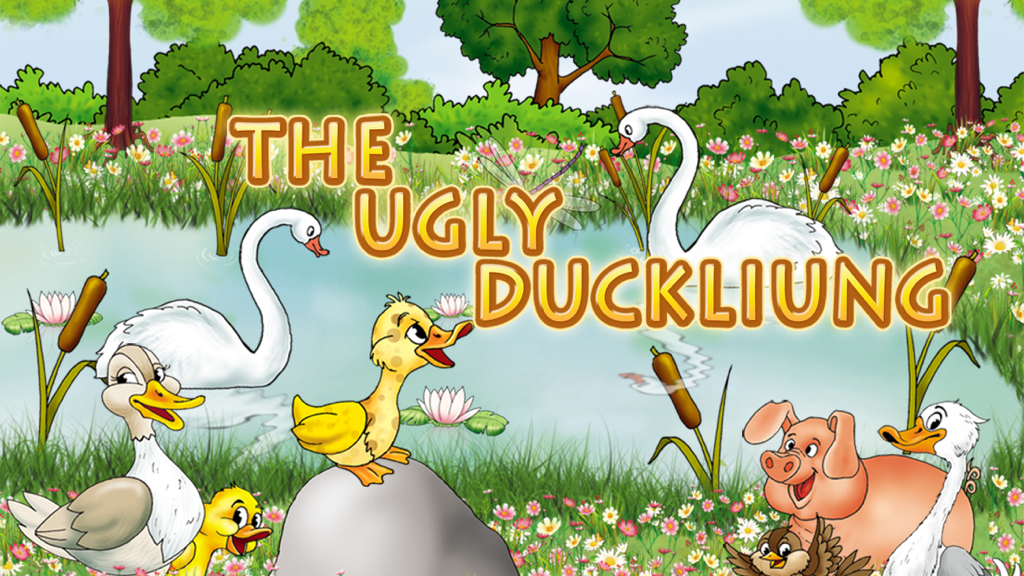 The Ugly Duckling Book - Cartoon illustration of The Ugly Duckling book app featuring swans and farm animals by a pond