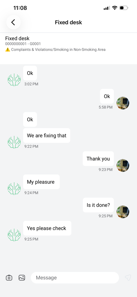 RenTA PORTAL - In-app chat between tenant and property management regarding a maintenance issue in RenTA PORTAL