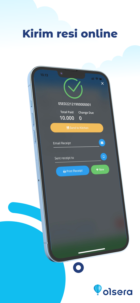 Olsera - Point Of Sale V2 - Olsera POS app mobile interface showing options to send an online receipt via email or print after a successful transaction.