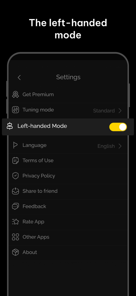 Menú de configuración de la app Ukulele Tuner que muestra el interruptor del modo para zurdos activado