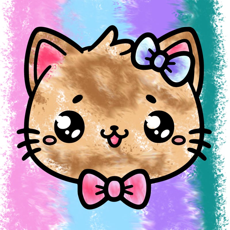 kawaii cat with a bow tie hanging from his ear