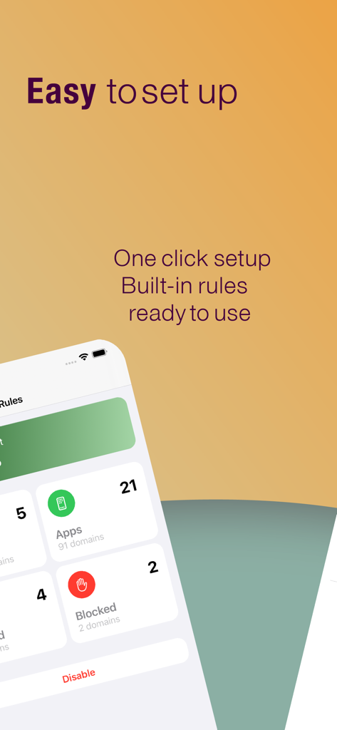 Secure DNS & Firewall - Secure DNS and Firewall app interface showing easy one click setup and blocked rules for apps