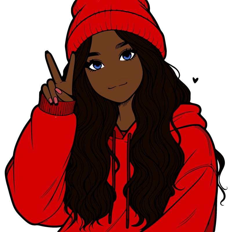 a teenage girl in a beanie, oversized sweatshirt, wavy long hair, and is showing a ✌️