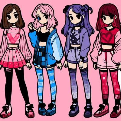 one girl with crop-top shirt and a jacket with a skirt, long socks and another girl with a shirt and pants with a jacket