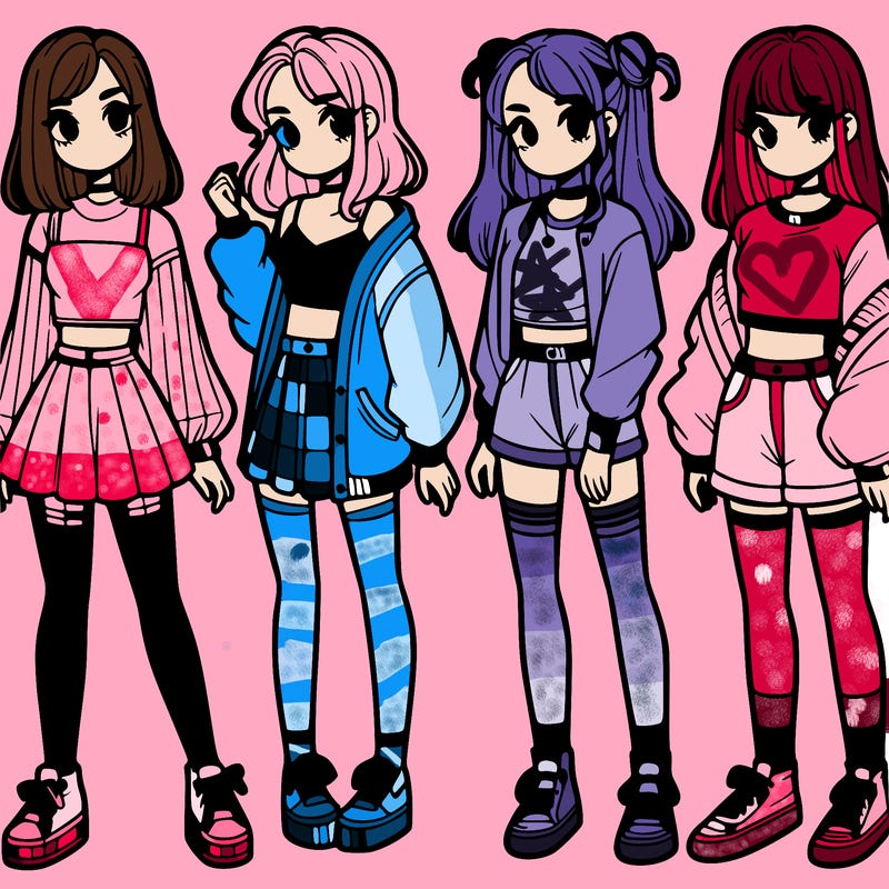 one girl with crop-top shirt and a jacket with a skirt, long socks and another girl with a shirt and pants with a jacket