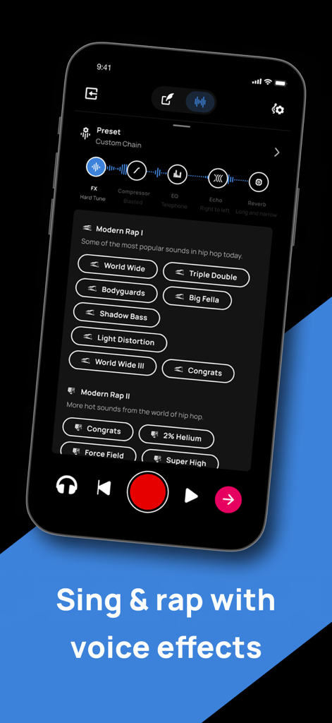 Voloco app interface showing vocal recording effects and modern rap presets
