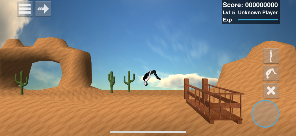 Backflip Madness - A character performing a mid-air backflip in a desert environment with cacti and a wooden platform in the mobile game Backflip Madness.