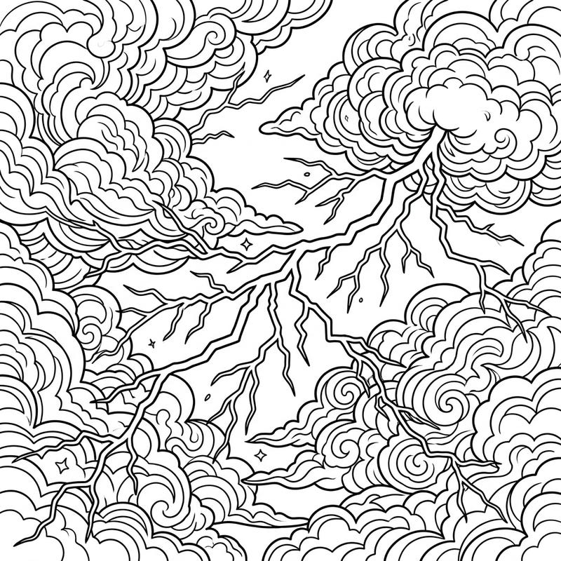Witness the raw power of nature with this captivating cloud-to-cloud lightning coloring page, featuring dynamic electrical discharges between stylized storm clouds. Perfect for those who love to add vibrant colors to a dramatic natural spectacle.