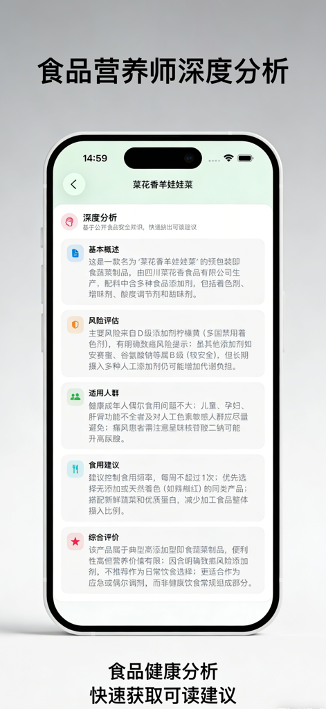 Mobile app interface showing a detailed health and safety analysis of food additives including risk assessment and consumption advice.