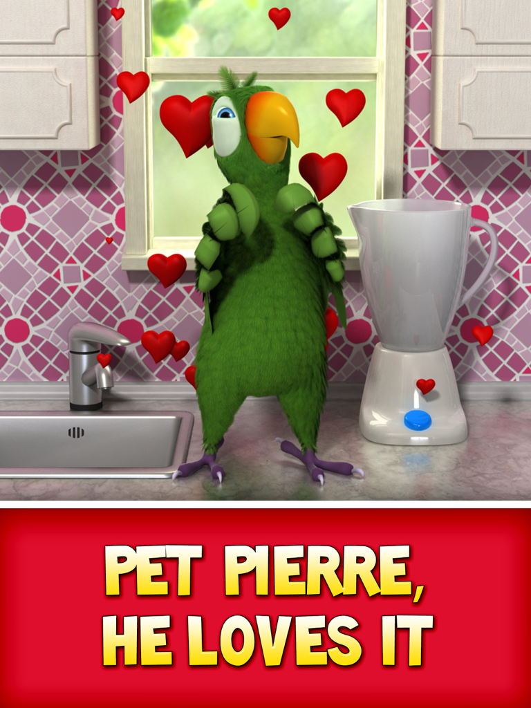 Talking Pierre the parrot surrounded by floating red hearts in a kitchen setting