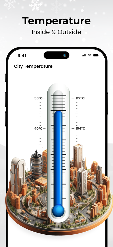 Thermometer app interface showing indoor and outdoor city temperature with a large vertical thermometer and a miniature city model