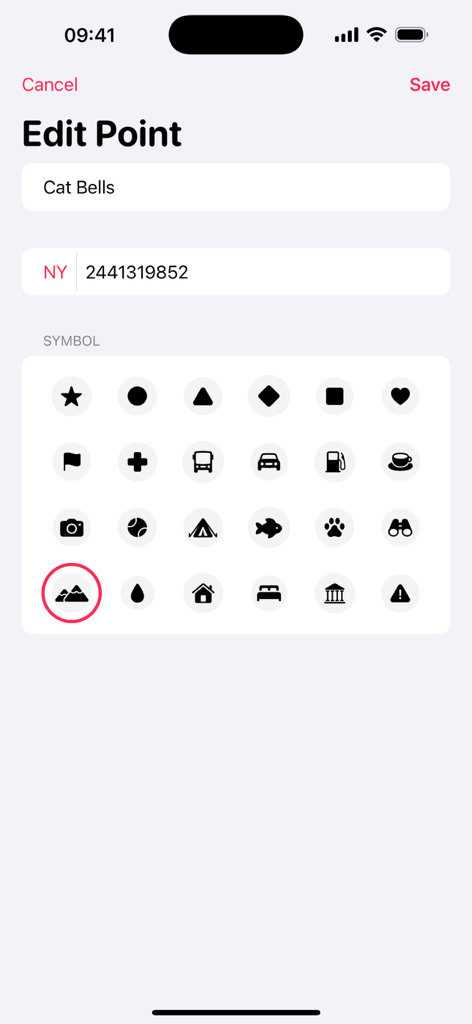 GPS OS Grid Reference - The Edit Point screen of the GPS OS Grid Reference app displaying a waypoint named Cat Bells with a 10-figure grid reference and a grid of icons for symbol selection.