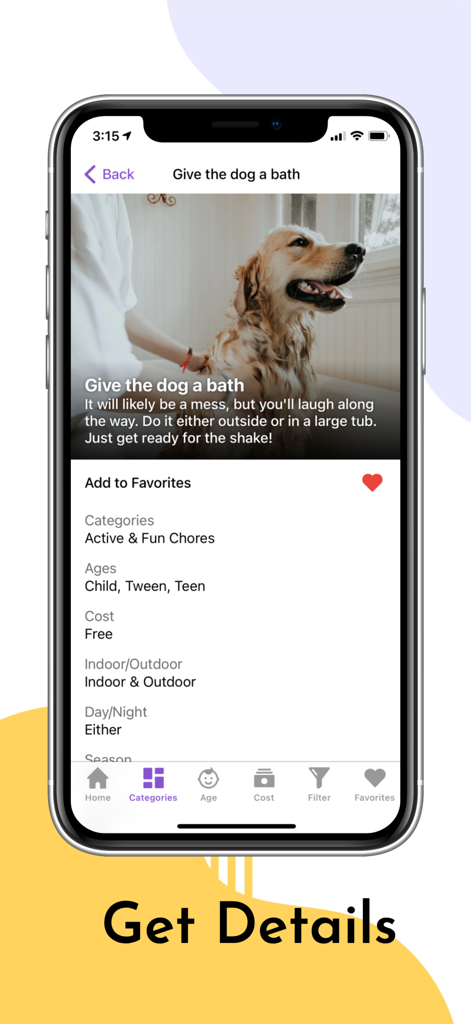 Things to Do with Kids - Screenshot der App „Beschäftigungen für Kinder“, der Details zu einer Aktivität wie „Gib dem Hund ein Bad“ einschließlich Kategorie, Alter und Kosten zeigt