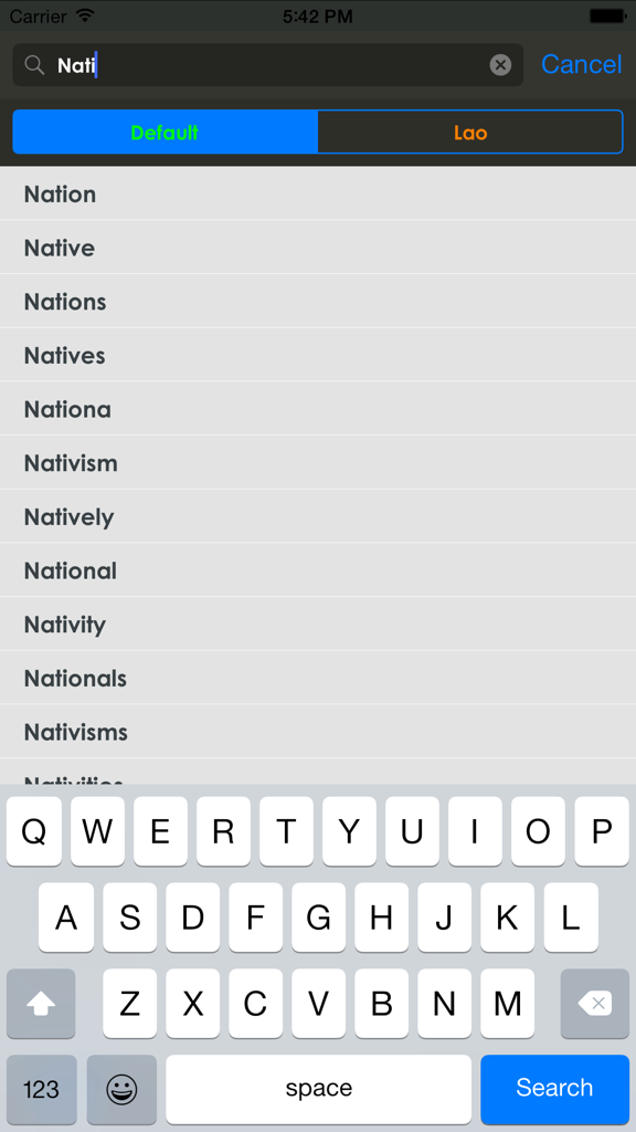 Lao Dictionary - Search screen of the Lao Dictionary app showing English word autocomplete suggestions like Nation and Native.