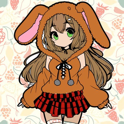 pretty anime girl wearing a fluffy hoodie with bunny ears on the hood and a skirt