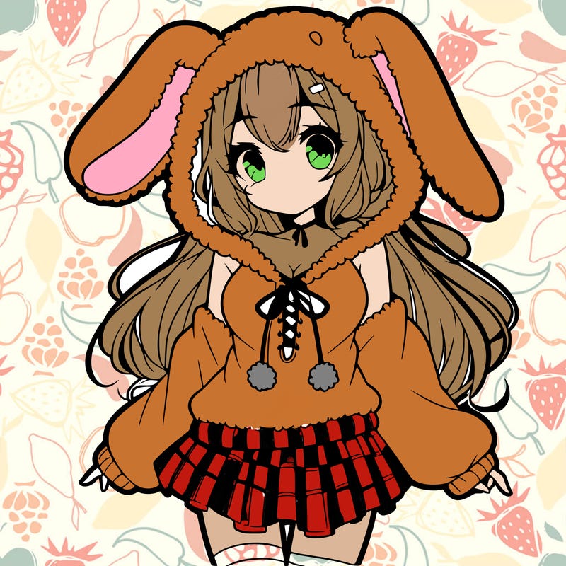 pretty anime girl wearing a fluffy hoodie with bunny ears on the hood and a skirt
