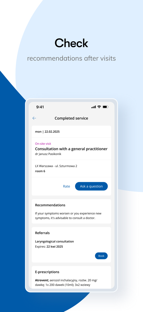 LUX MED app screen showing completed medical visit details with recommendations and prescriptions
