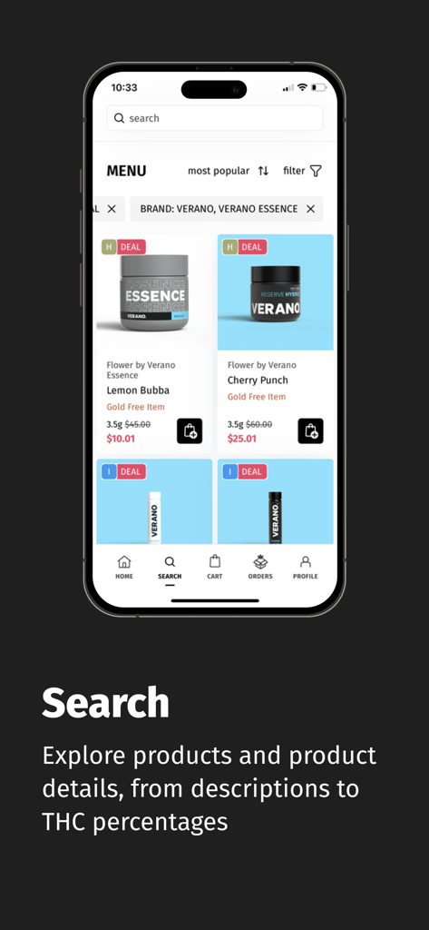 Zen Leaf plus 앱 인터페이스에서 가격 및 특별 딜이 있는 검색 가능한 대마초 꽃 제품 메뉴를 보여줍니다.
