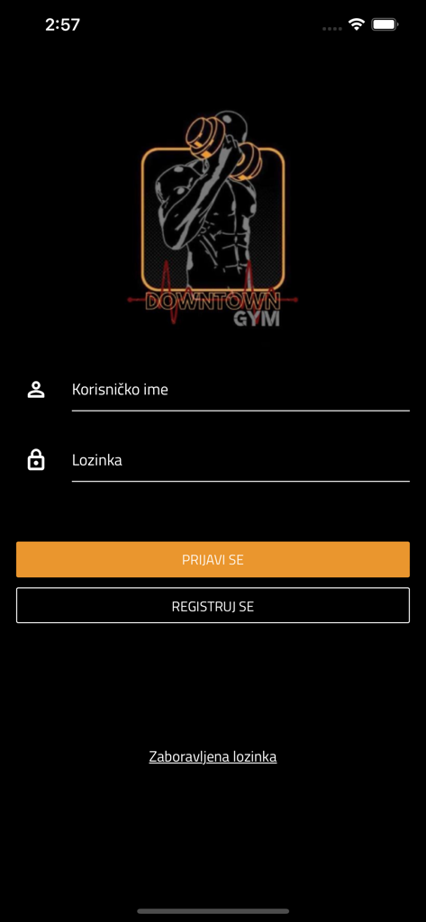 Pantalla de inicio de sesión de la aplicación móvil del Gimnasio Downtown