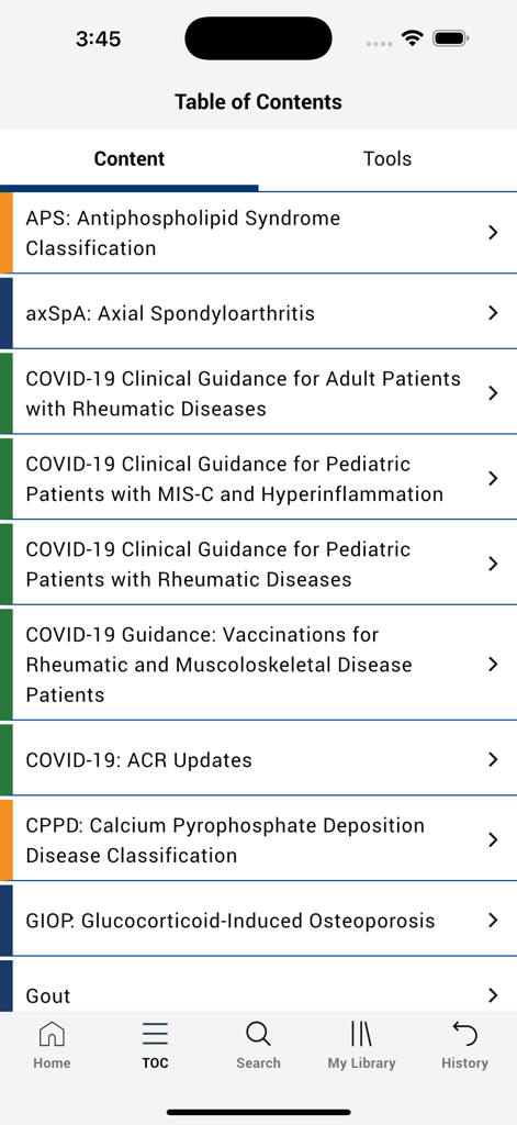 Guidelines And Criteria - Table of Contents screen in the ACR Guidelines and Criteria app listing rheumatology clinical topics