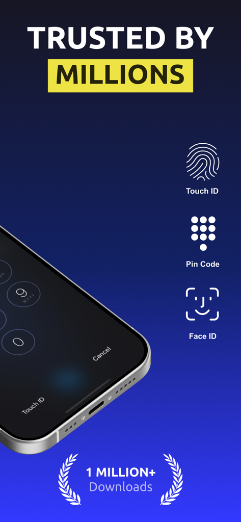 Photo Vault - Secret Safe Lock - Opciones de seguridad para la aplicación Photo Vault que muestran Código PIN Touch ID y Face ID