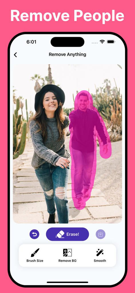 Interfaccia di un'app mobile che mostra la rimozione di oggetti tramite IA per cancellare una persona da una foto