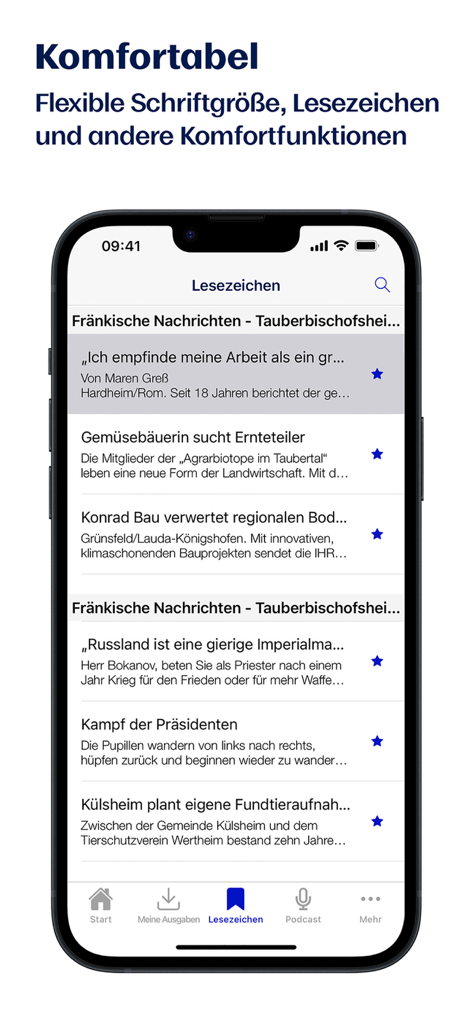 Ein Smartphone zeigt den Abschnitt für Lesezeichen in der FN E-Paper App