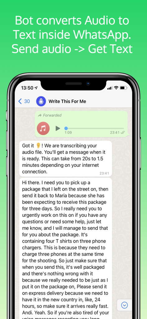 Audio Message to text convert - Uma captura de tela de chat do WhatsApp mostrando uma mensagem de áudio convertida em uma transcrição de texto
