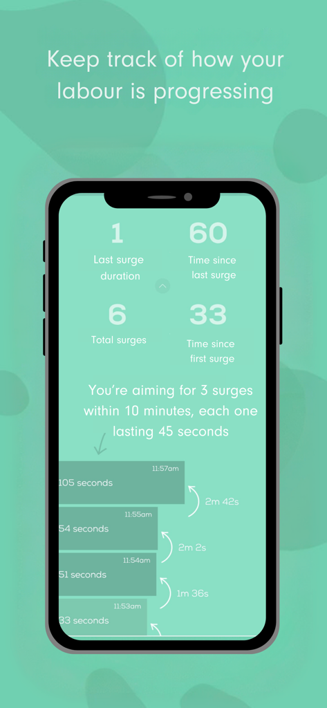 Freya • Surge Timer - Pantalla de la aplicación Freya que muestra estadísticas de contracciones de parto y seguimiento del progreso
