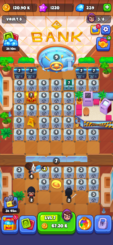 Merge Robbers: Idle Mining - Pantalla de juego de Merge Robbers Idle Mining que muestra a ladrones rompiendo cajas fuertes numeradas en una bóveda bancaria