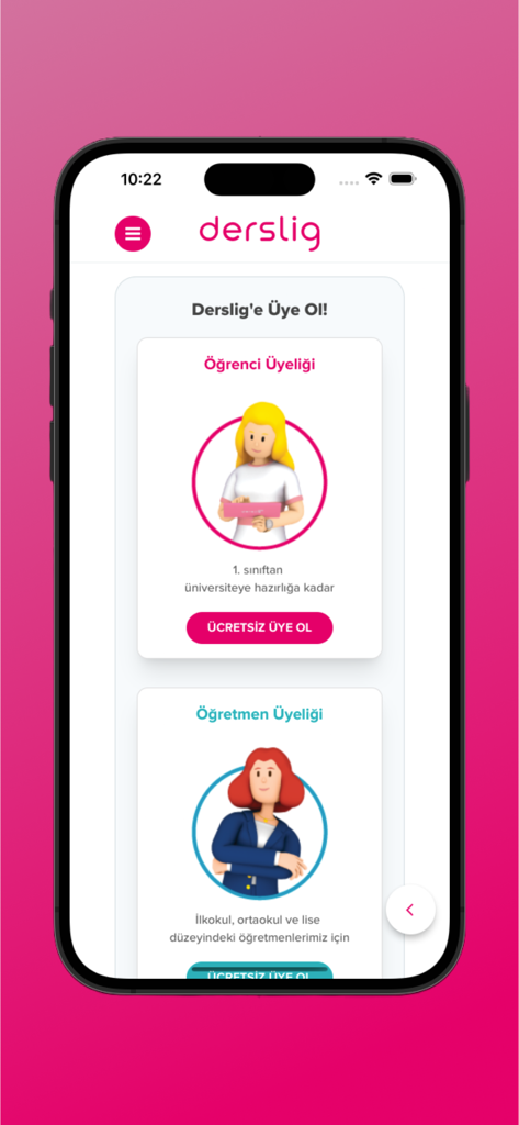 Derslig - Derslig mobile app registration screen showing student and teacher membership options.