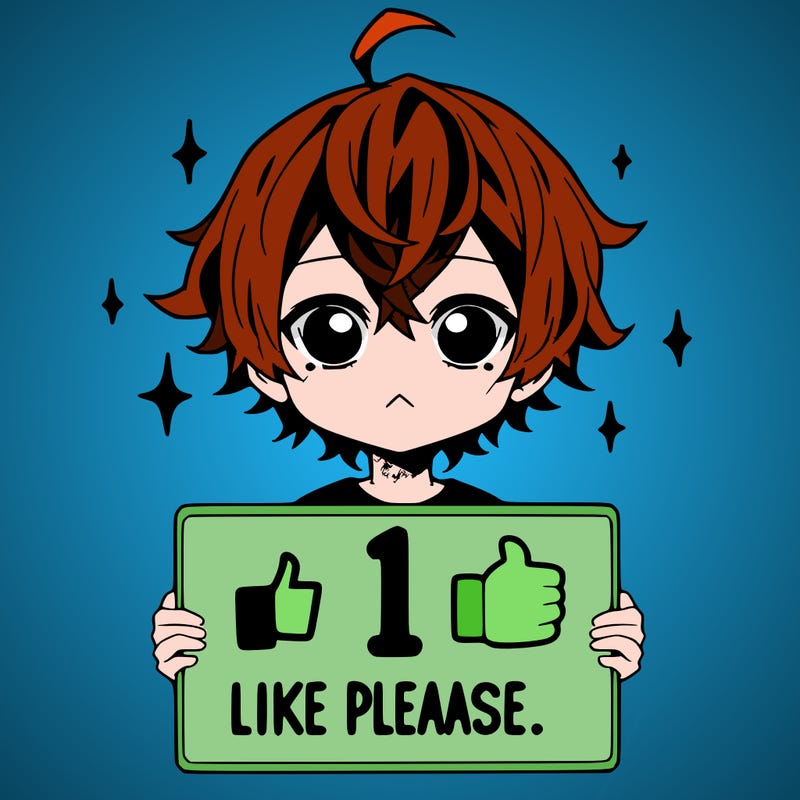 anime boy with a sign saying 1 like please
