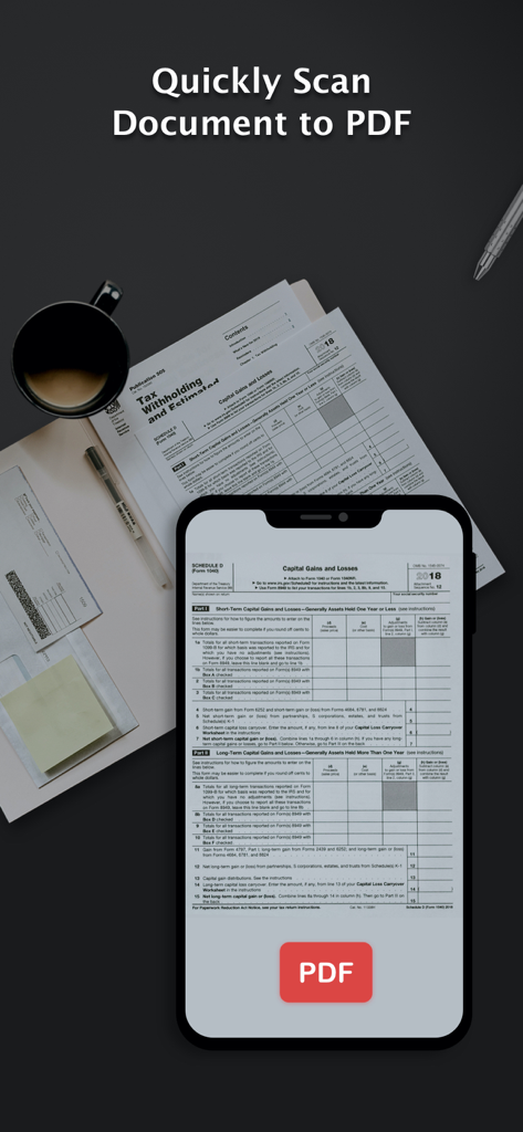 PDF Scanner Pro for Document - Smartphone screen showing the PDF Scanner Pro app scanning a tax document