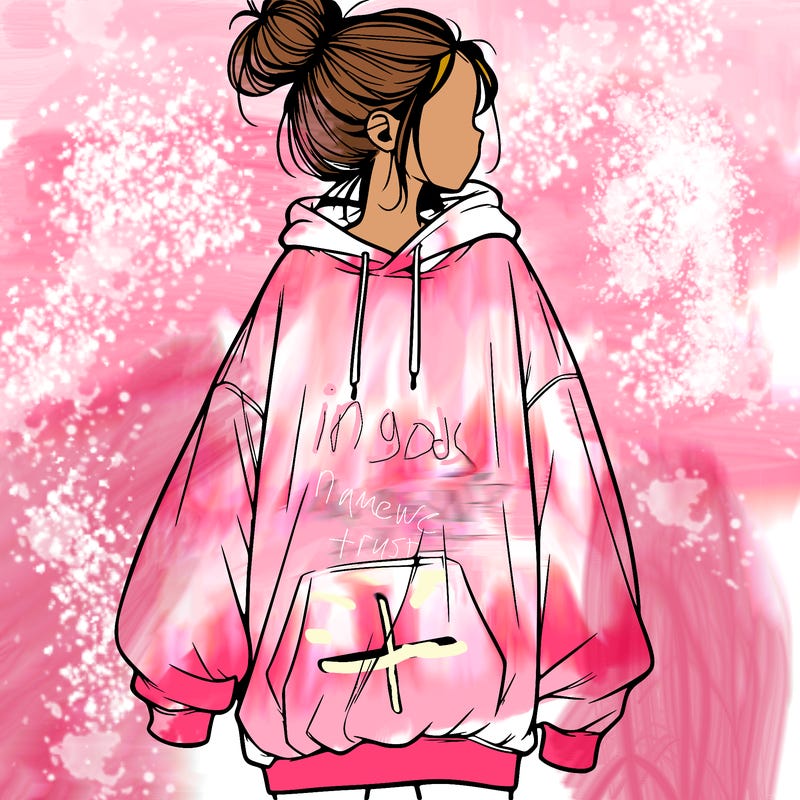 realistic girl with a oversized sweatshirt on and a bun