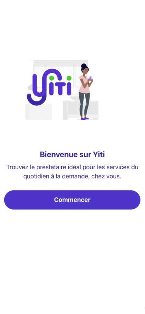 Yiti - Yiti app welcome screen with a woman holding a phone and a get started button