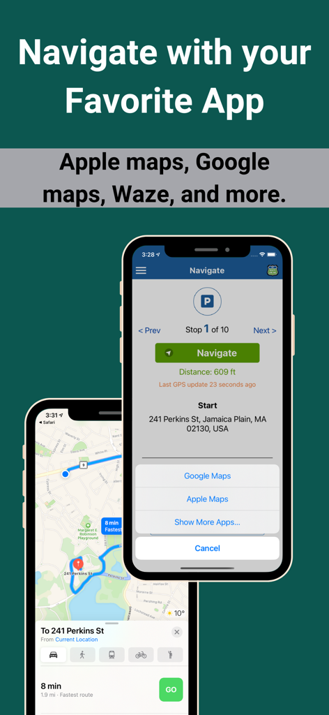 Interface de l'application MyRoute montrant les options d'intégration de navigation avec Google Maps et Apple Maps