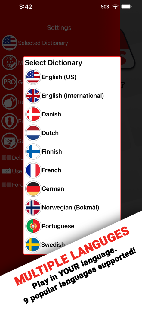Snap Cheats for Wordfeud Cheat - Language selection menu showing supported dictionaries in the Snap Cheats for Wordfeud app.